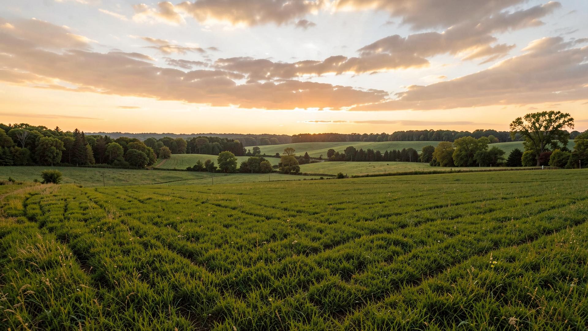 Sunset over rolling Midwest farmland